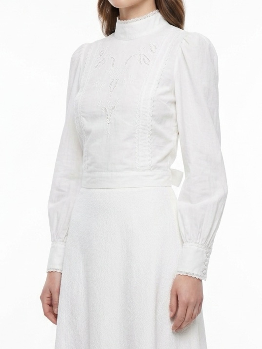 Reformation White High-Neck Long Sleeve   Tie Back Blouse Top Sz S